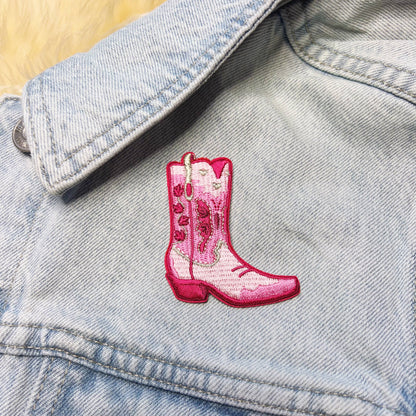Wildflower Co - Roze cowgirl boot patch strijkapplicatie