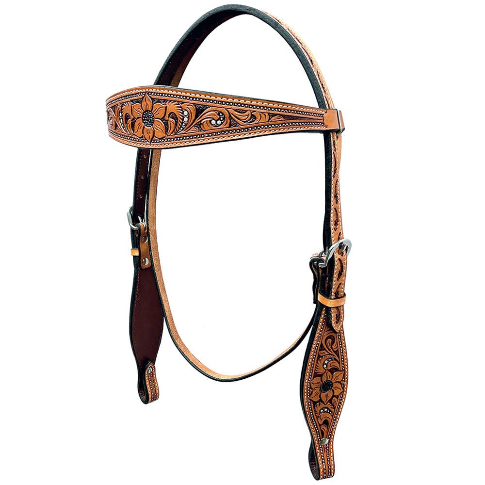 LS Western - Testiera Western in pelle con motivo floreale di lusso