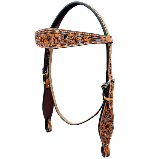 LS Western - Testiera Western in pelle con motivo floreale di lusso