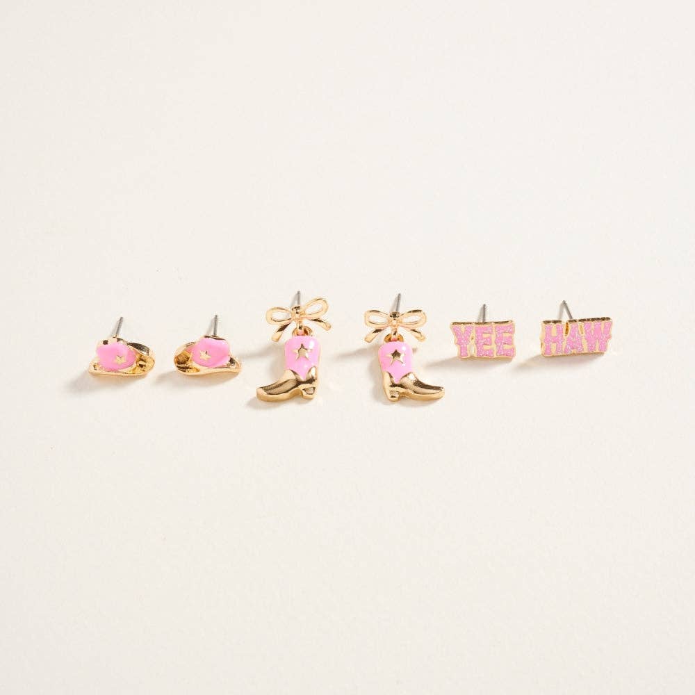 Designature - Western Mixed Cowgirl Themed 3-Piece Ear Stud Set