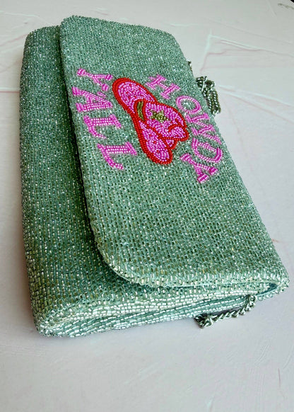 Pria Handmade - Perlen-Tasche Howdy Y'all Crossbody-Clutch silber