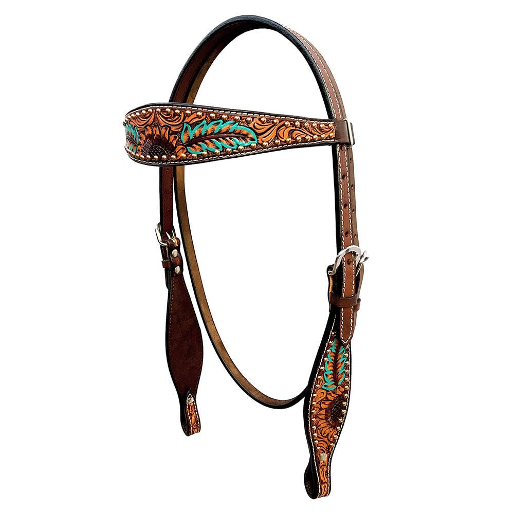 LS Western - Testiera Western in pelle con decorazione a girasole e borchie
