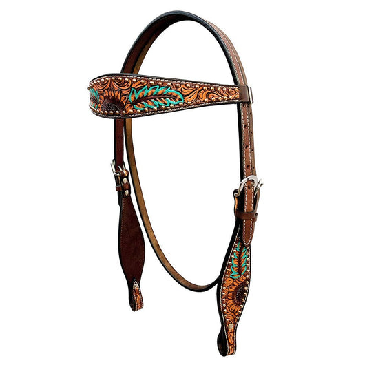 LS Western - Testiera Western in pelle con decorazione a girasole e borchie