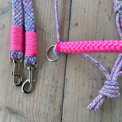 Het Paardenatelier - Seilhalfter Set Reithalfter + Zügel „Barbie Dreams“ Lila-Mix/Rosa