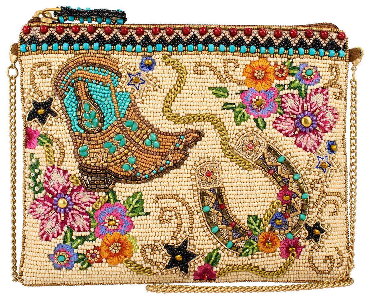 Mary Frances - Pochette luxe ivoire bottes western et fer à cheval avec perles