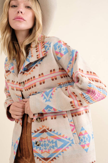 Blue B - Aztekische Westernjacke aus Jacquard mit Stehkragen und Knopfverschluss