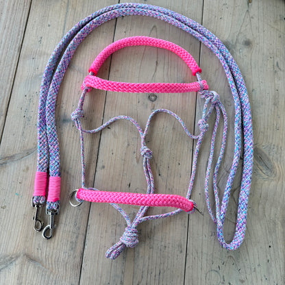 Het Paardenatelier - Seilhalfter Set Reithalfter + Zügel „Barbie Dreams“ Lila-Mix/Rosa