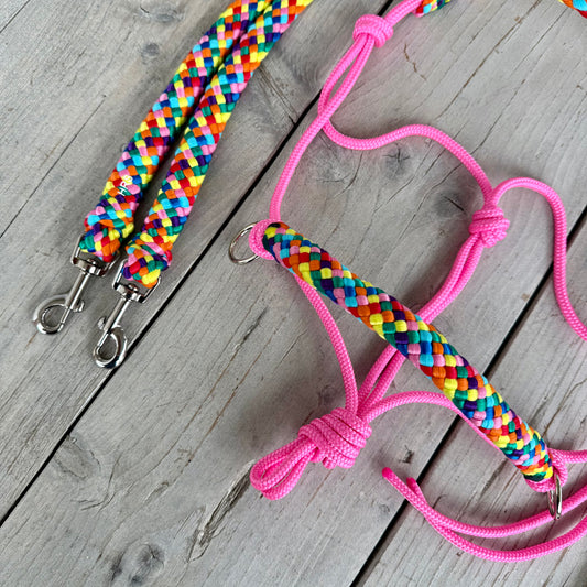 Horse Rope Shop - Touwhalster set rijhalster + teugels ‘Rainbow’ roze