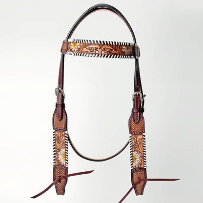 LS Western - HS Western Leather Headstall with Sunflowers, Tooling, Black/White Finish