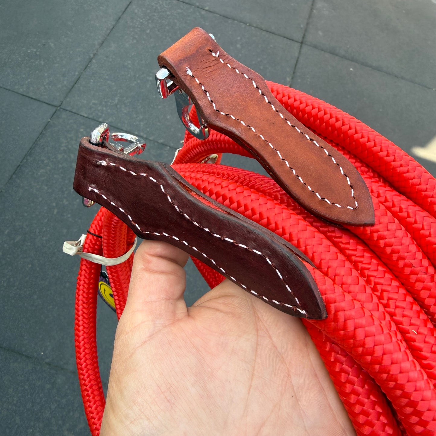 FMH - Gesloten teugels van touw met lederen detail en clip ‘Rope Rein Red’