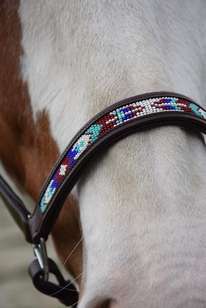 FMH - Cognac leather halter with beads ‘Beaded Bronco Bluey’ blue/turquoise/white