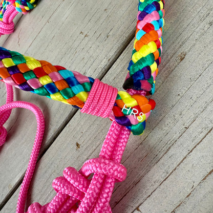Het Paardenatelier - Rope halter set riding halter + reins ‘Rainbow’ pink
