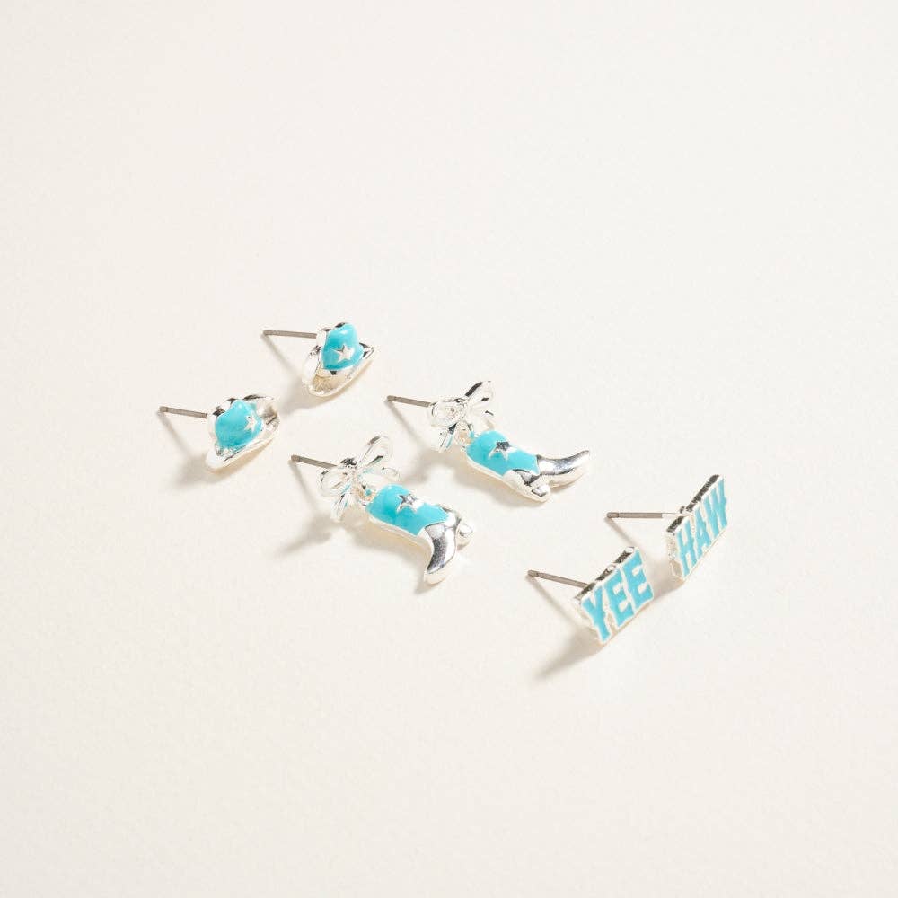 Designature - Western Mixed Cowgirl Themed 3-Piece Ear Stud Set
