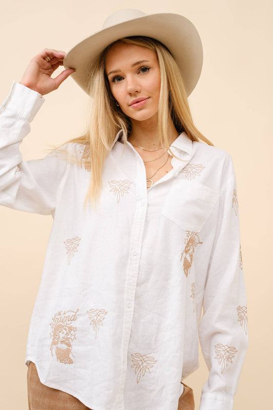 Blue B - Westernblouse van geborduurd linnen