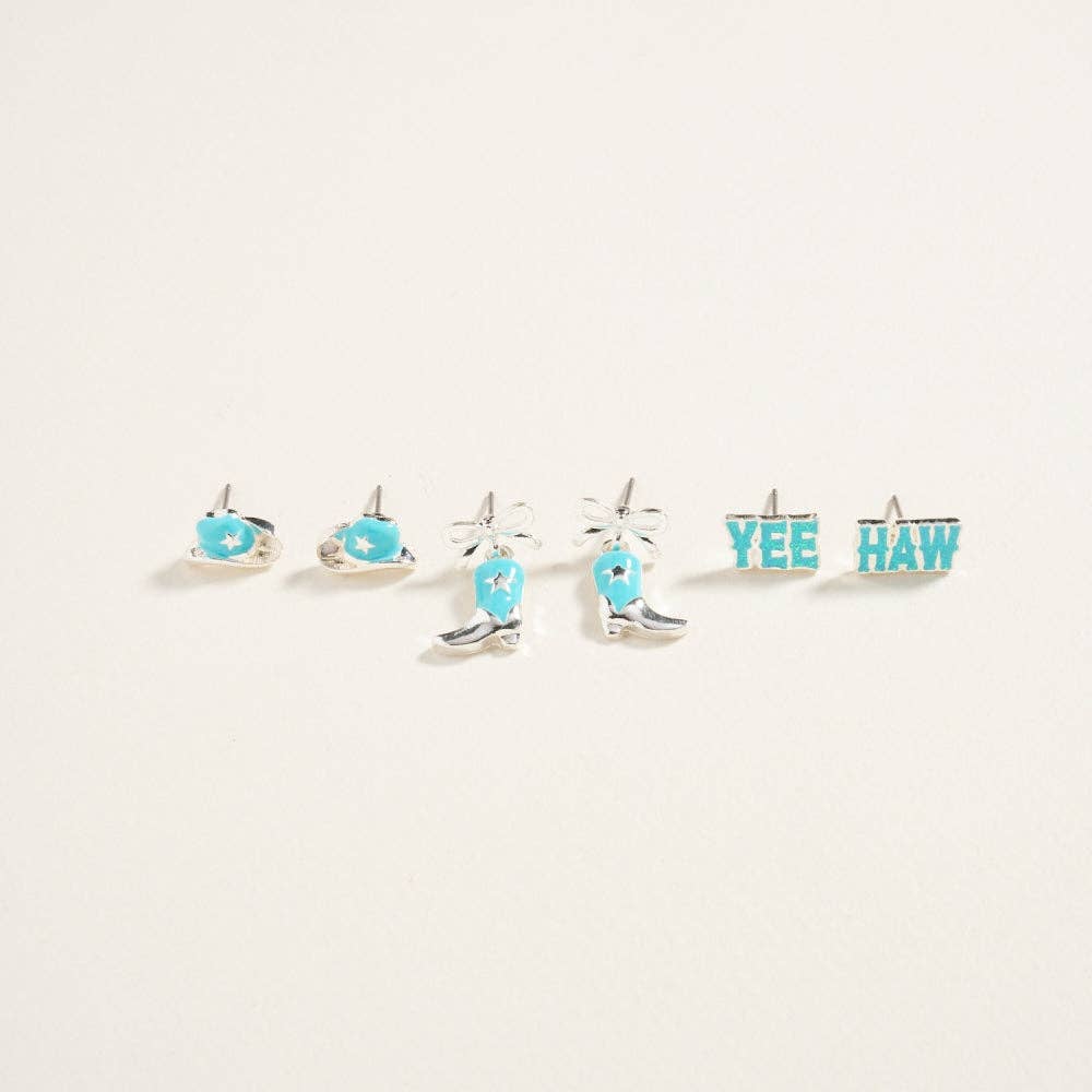 Designature - Western Mixed Cowgirl Themed 3-Piece Ear Stud Set