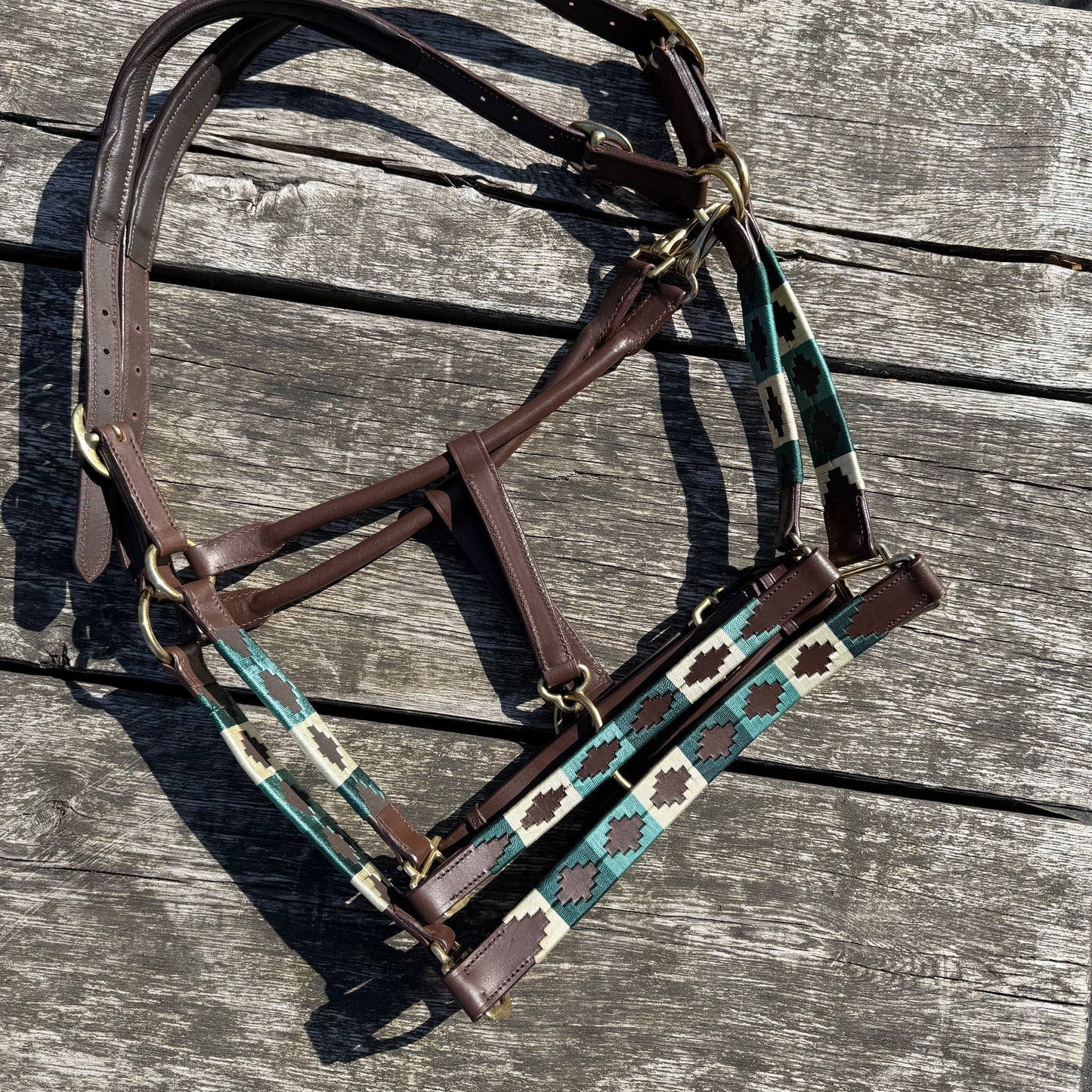 FMH - Licol polo en cuir Havana « Polo Vaquero Seafoam » émeraude/beige