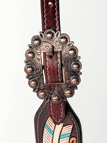LS Western - HS Western Leather One-Ear Headstall with Turquoise White Feather