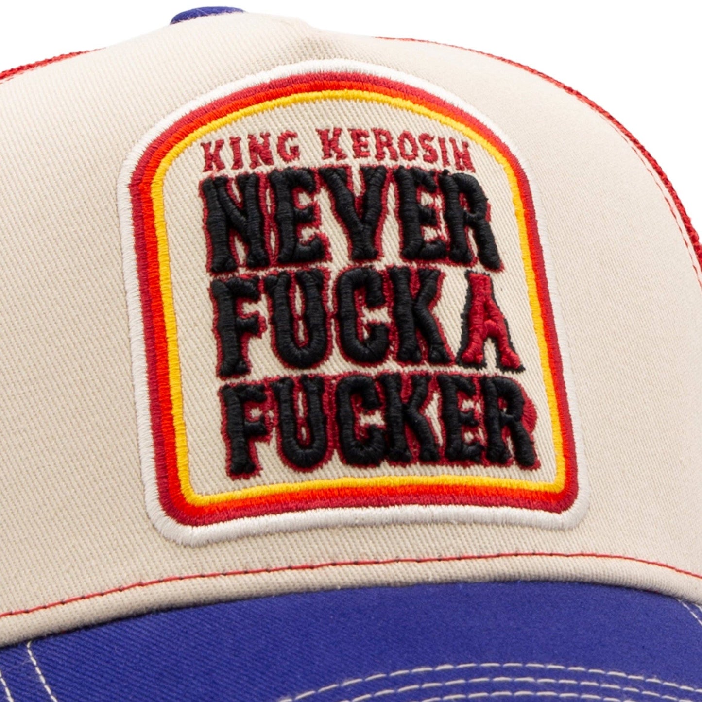 King Kerosin - Trucker Cap Never Fuck A Fucker in beige/blue/red