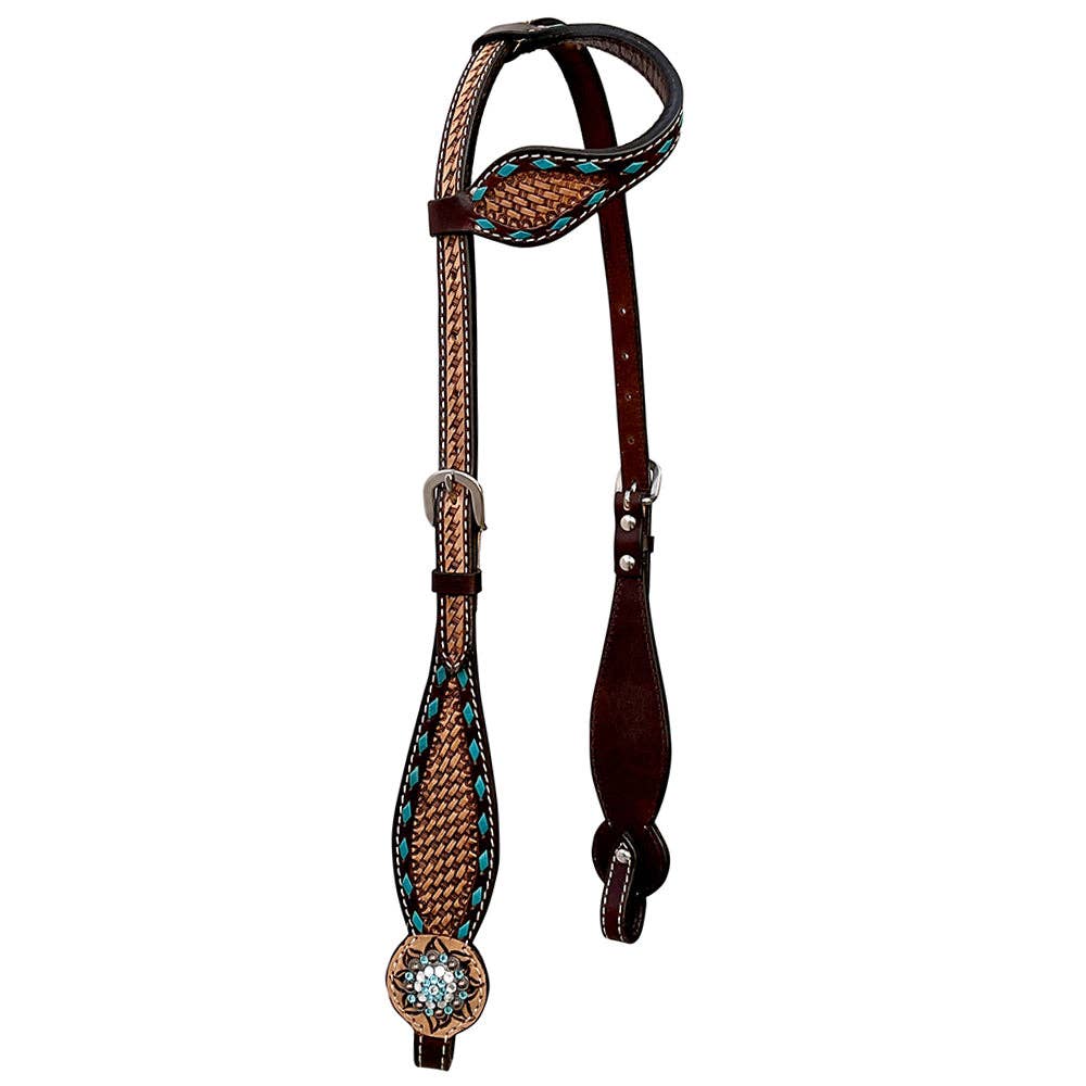 LS Western - Western Lederen one-ear Hoofdstel met tooling en turquoise afwerking