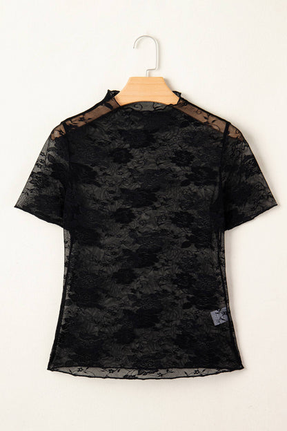 Pretty Bash - Bloemenkant korte mouw shirt kanten top zwart