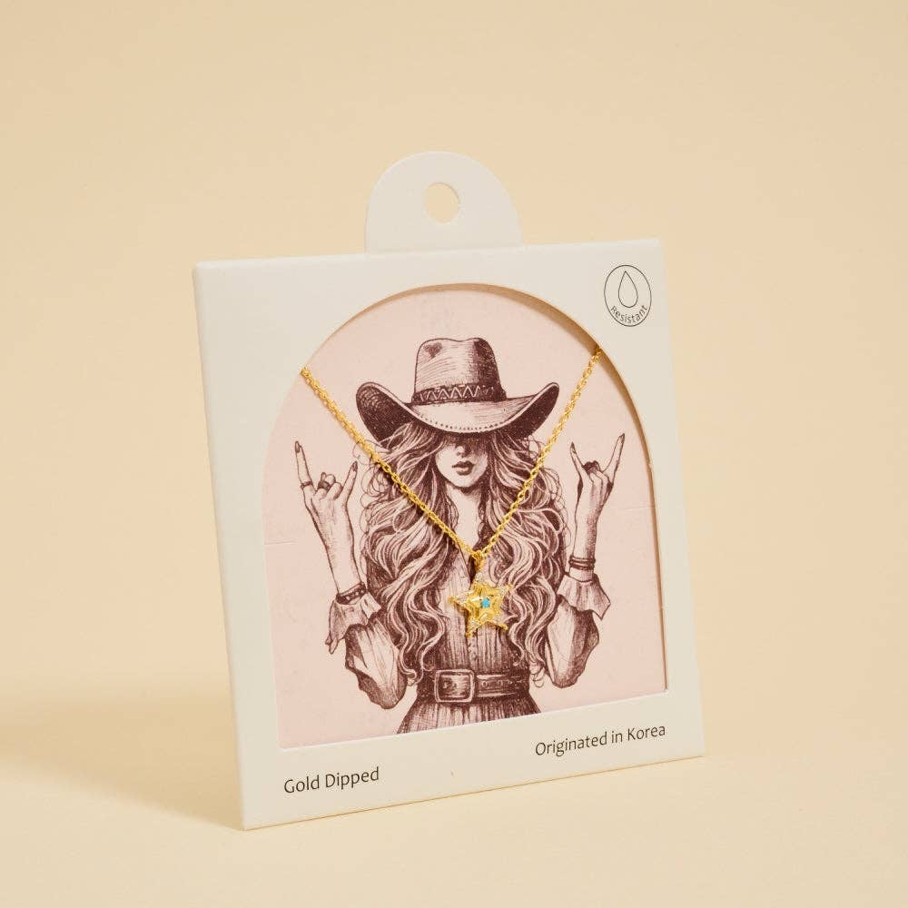 Designature - Gold plated western cowgirl sheriff badge necklace with turquoise