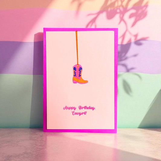 Pink Stories - Neon kaart met cadeauhanger Happy Birthday, Cowgirl! roze