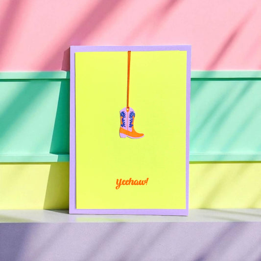 Pink Stories - Neon kaart met cadeauhanger Jeehaw Laars lila