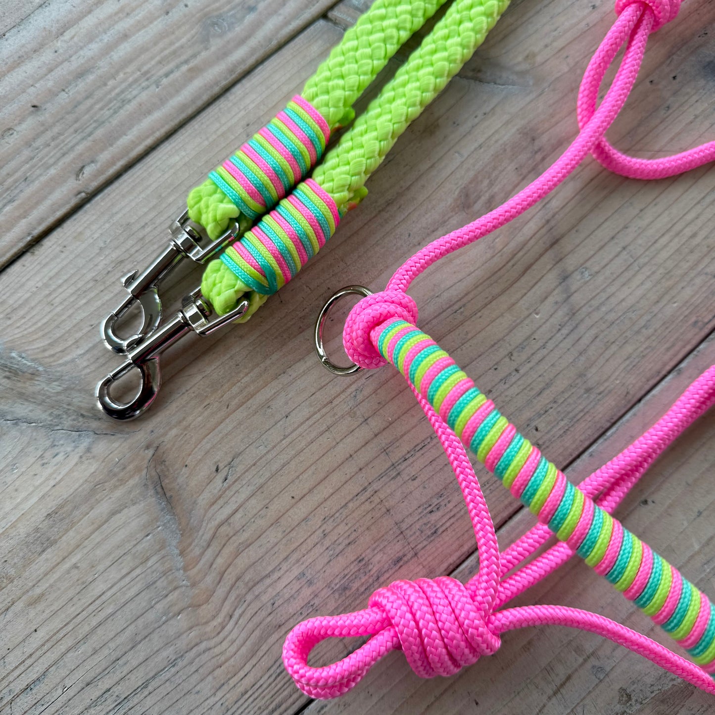 Horse Rope Shop - Rope halter set, riding halter + reins 'Pink Jungle' lime/pink