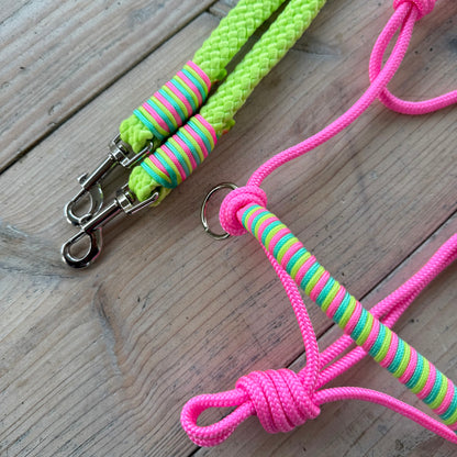 Het Paardenatelier - Seilhalfter Set Reithalfter + Zügel „Pink Jungle“ Limette/Rosa