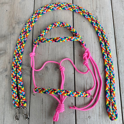 Het Paardenatelier - Rope halter set riding halter + reins ‘Rainbow’ pink