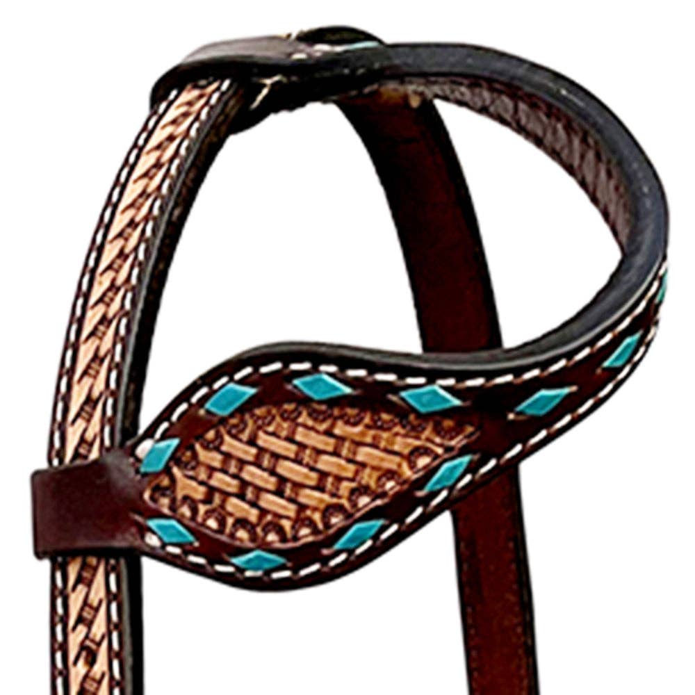 LS Western - Western Lederen one-ear Hoofdstel met tooling en turquoise afwerking