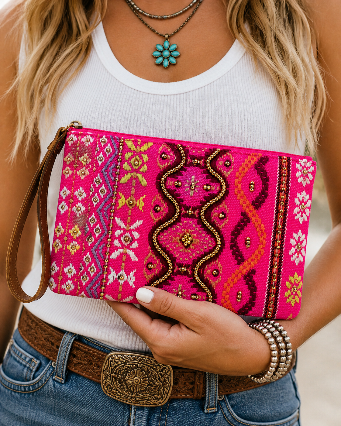 The Bling Barn - Beaded Bag handtas clutch met polsriem Electric Cowgirl
