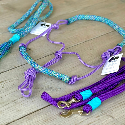 Touwhalsterverkoop - Tauhalfter Set Reithalfter + Zügel + Halsschlaufe 'Mermaid' lila/blau Mix