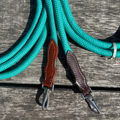 FMH - Gesloten teugels van touw met lederen detail en clip ‘Rope Rein Aqua’