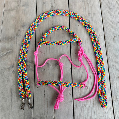 Het Paardenatelier - Rope halter set riding halter + reins ‘Rainbow’ pink
