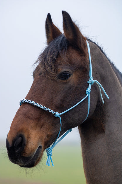 Rope halter with braided noseband baby blue, white and black
