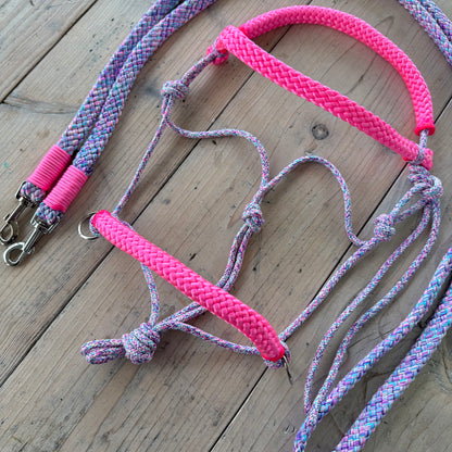 Het Paardenatelier - Seilhalfter Set Reithalfter + Zügel „Barbie Dreams“ Lila-Mix/Rosa