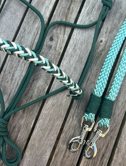 Touwhalsterverkoop - Tauhalfter Set Reithalfter + Zügel 'Winter Wonderland' dunkelgrün/creme/meergrün