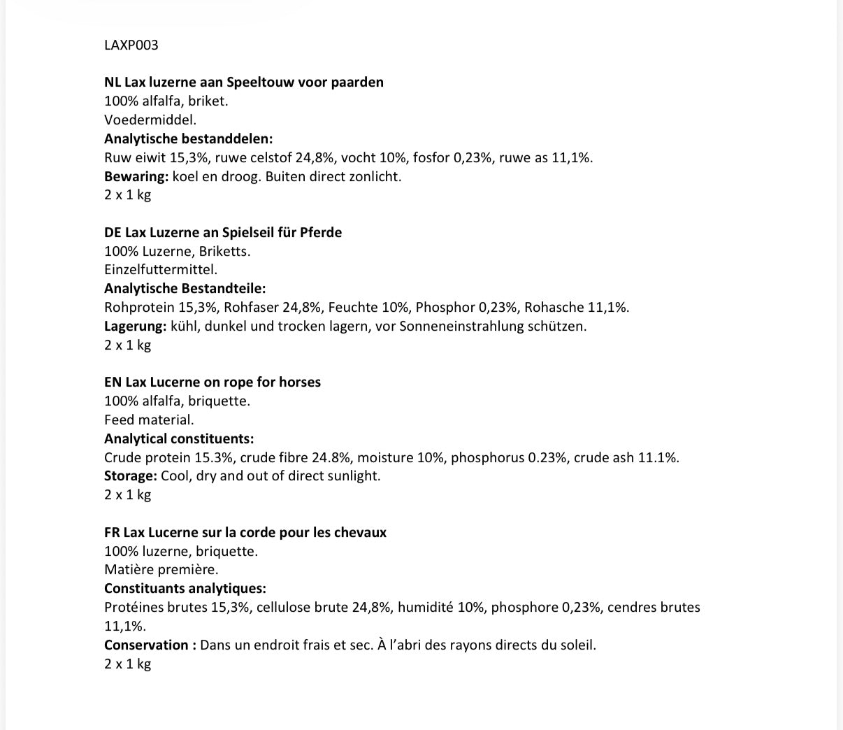 Lax – Gepresste Blöcke mit Loch, Luzerne-Nachfüllung 3 kg oder 12,5 kg