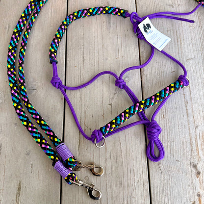 Rope halter sale - Rope halter set riding halter + reins 'Disco dip' purple/ rainbow