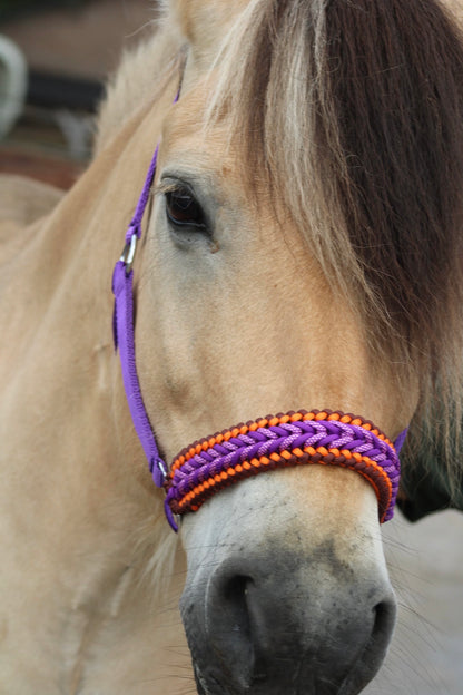 Handgefertigte Pferdehalfter – Geknotetes Halfter „Violet Flame“ lila/orange