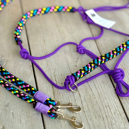 Rope halter sale - Rope halter set riding halter + reins 'Disco dip' purple/ rainbow