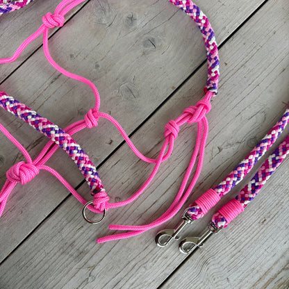 Touwhalsterverkoop - Tauhalfter Set Reithalfter + Zügel 'Country Girl' rosa/lila-Mix