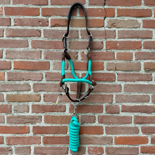 FMH - Havana leather halter set with colored rope, including lead rope ‘Aqua Heritage’
