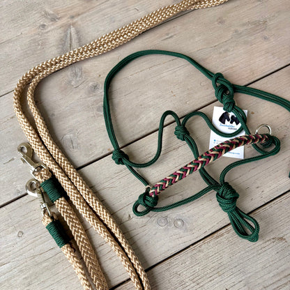 Rope halter sale - Rope halter set riding halter + reins 'In the Woods' dark green/ beige