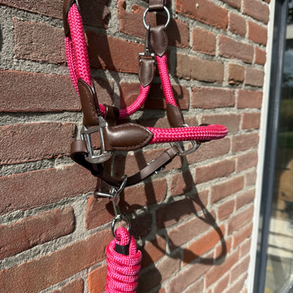 FMH - Havana lederen halsterset met gekleurd touw incl. halstertouw ‘Pink Heritage’