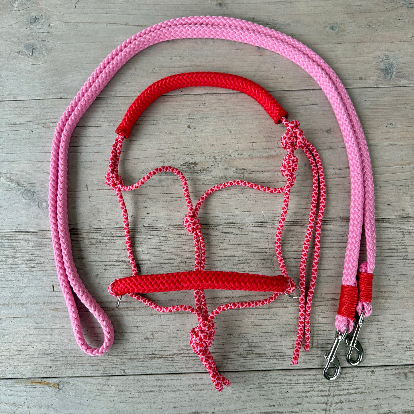 Touwhalsterverkoop - Licol en corde seul ou ensemble licol d'équitation + rênes 'Cupido' mélange rose-rouge/rouge