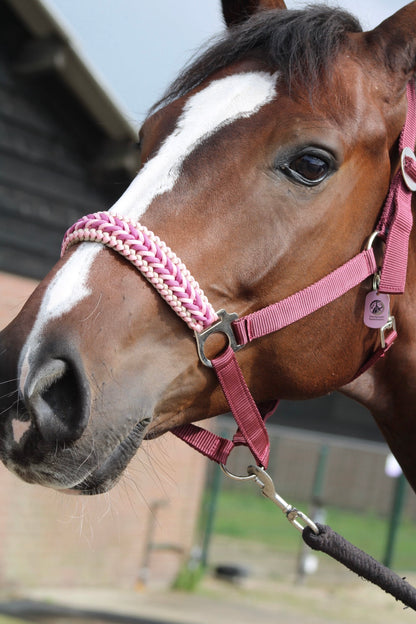Handgemaakte paardenhalsters - Geknoopt halster ‘Belle Amour’ oudroze/ bordeaux/ roze