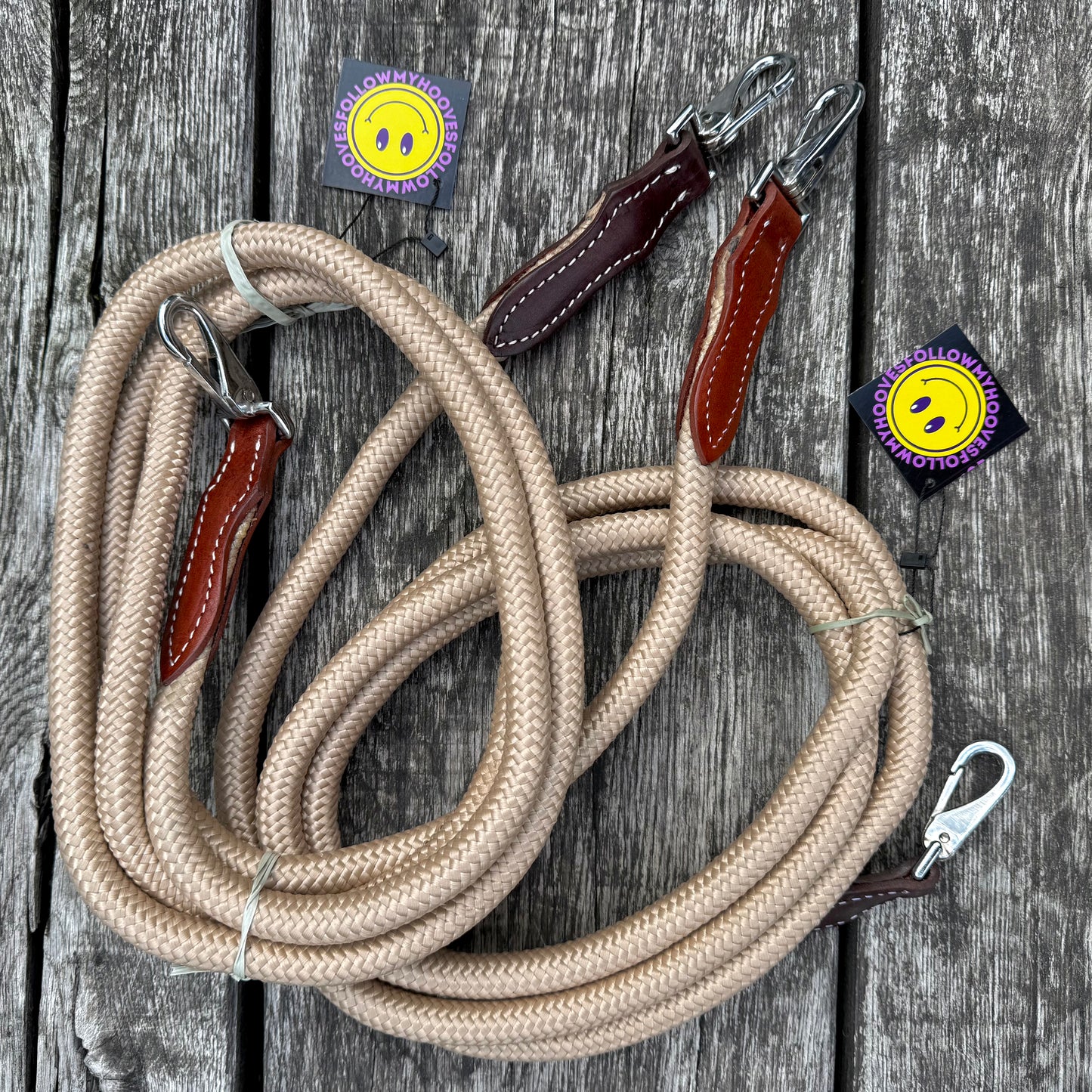 FMH - Closed rope reins with leather detail and clip ‘Rope Rein Cream’
