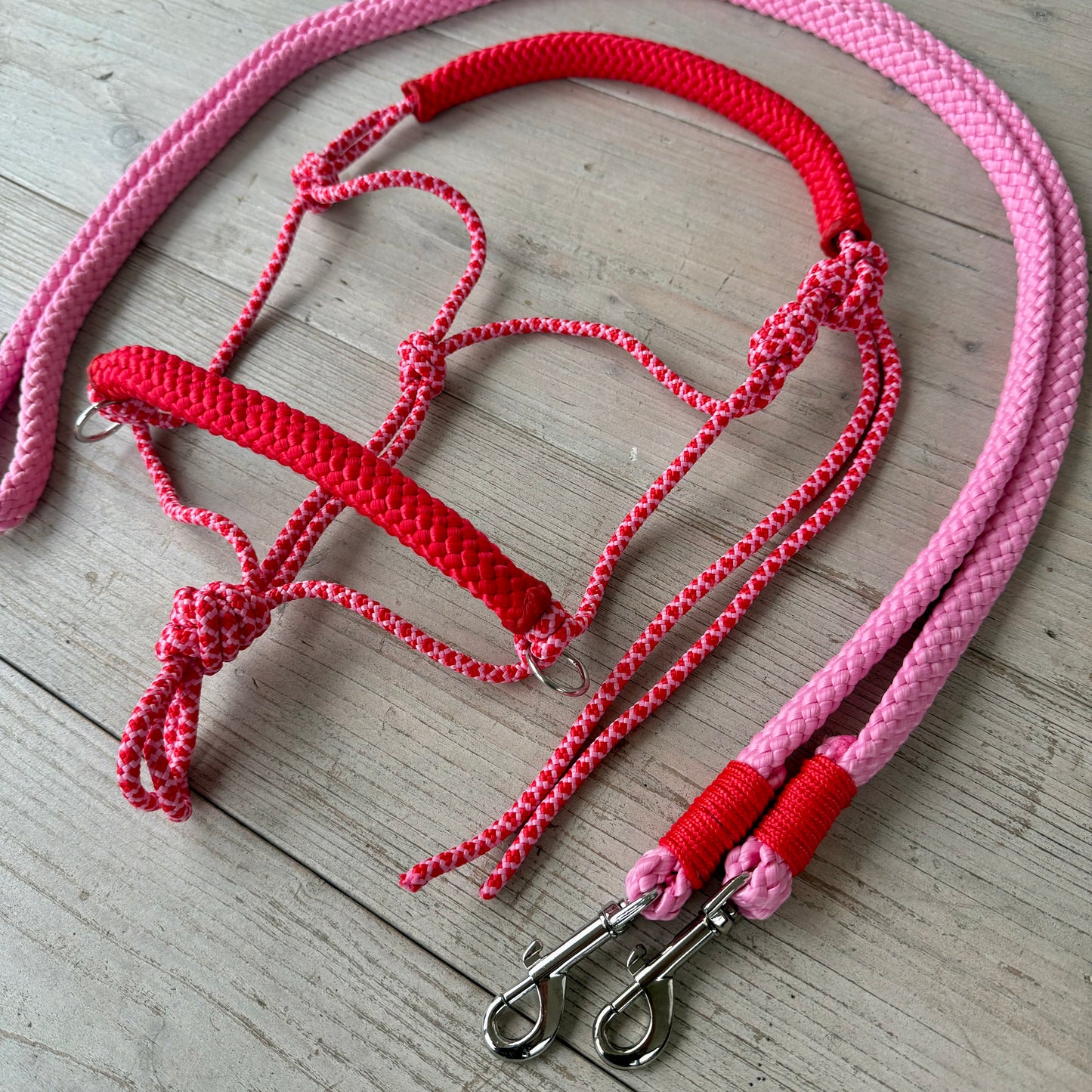 Touwhalsterverkoop - Licol en corde seul ou ensemble licol d'équitation + rênes 'Cupido' mélange rose-rouge/rouge